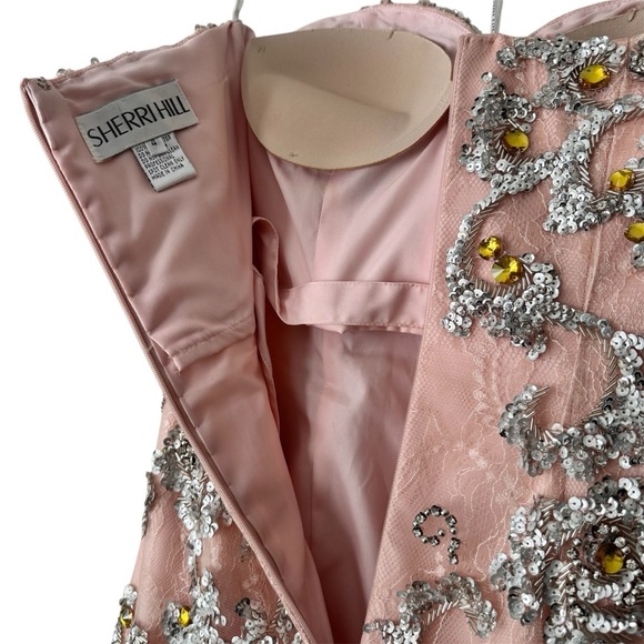 Sherri Hill HOCO pink embroidered floral lace beaded formal tulle long dress 4 - Picture 6 of 8